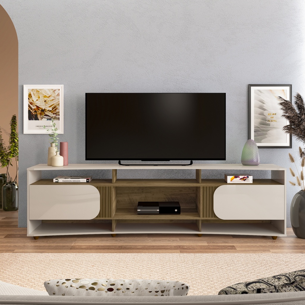 ELEGANCE TV STAND - OFF WT / SLATED PINE