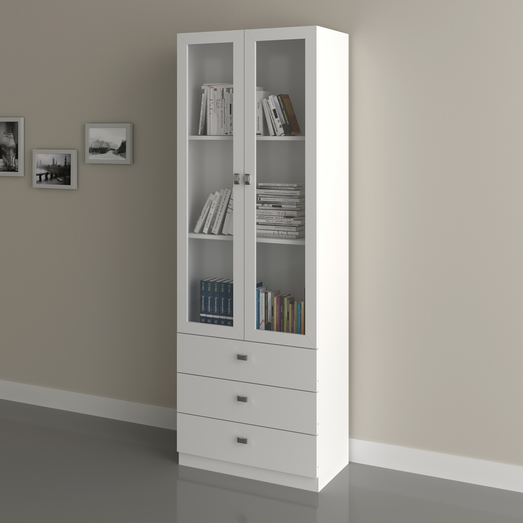 OFFICE CABINET W/ 2 GLASS DOORS & 3 DRWS WHITE